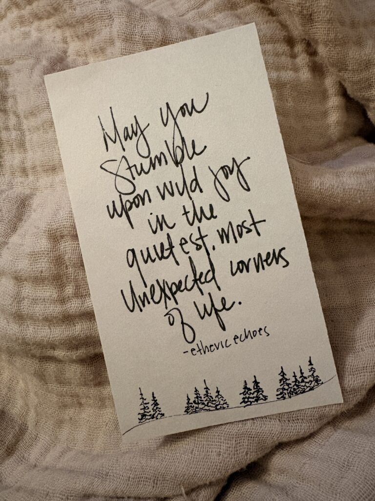 An image of a notecard with the quote, May you stumble upon wild joy in the quietest, most unexpected corners of life. from, Etheric Echoes